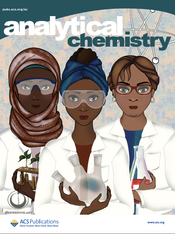 Digital art of three women from diverse backgrounds holding chemistry lab glassware.